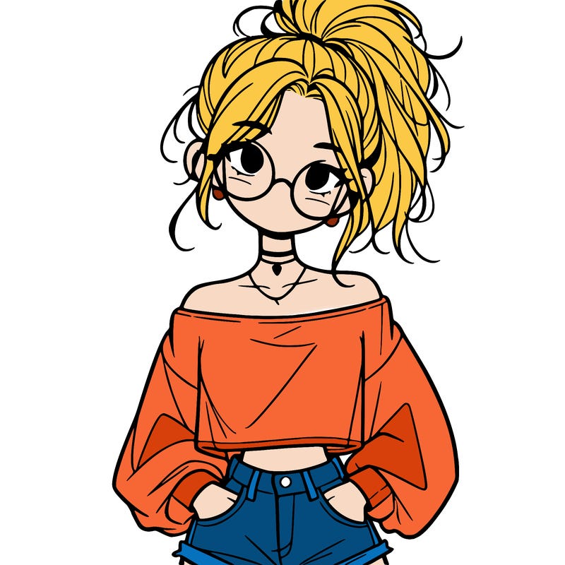 girl with a messy ponytail glasses a baggy crop top and jean shorts