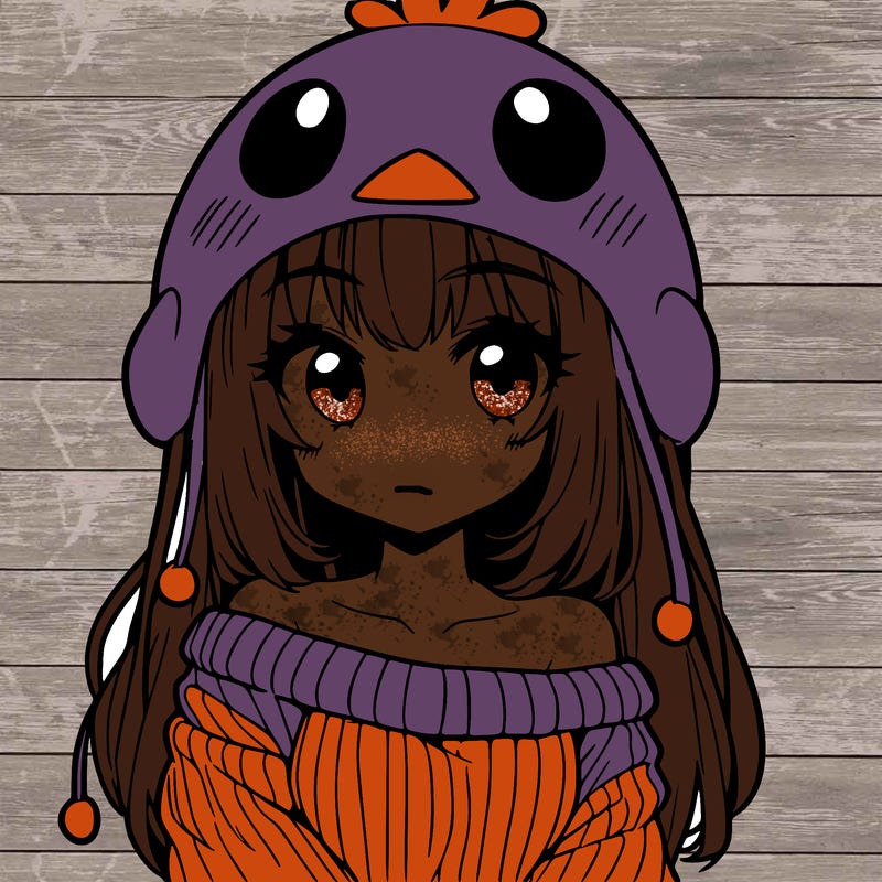 anime girl with chick shaped hat with sweater with bare shoulders with bangs covering them one eye with low tail