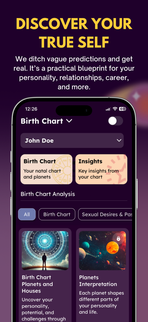 Up Astrology app screen displaying birth chart analysis and planet interpretation for personality insights