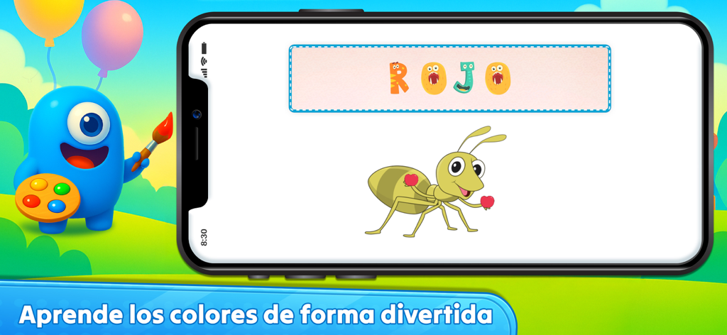 Foxie - Spanish Fun & Learn - Foxieアプリ画面が、漫画のアリのイラストとカラフルなテキストを使用して、赤のスペイン語を教えています