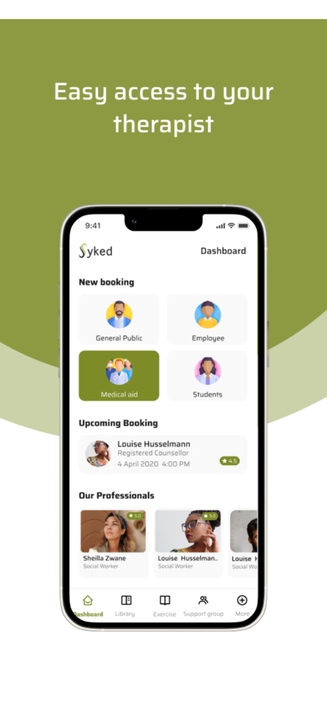 Dashboard of the Syked app showing therapist booking options and professional counselor profiles with ratings.