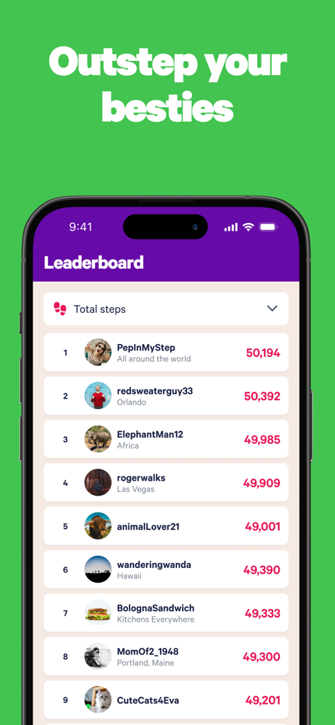 Stridekick app leaderboard showing a ranking of users by total steps with names and locations