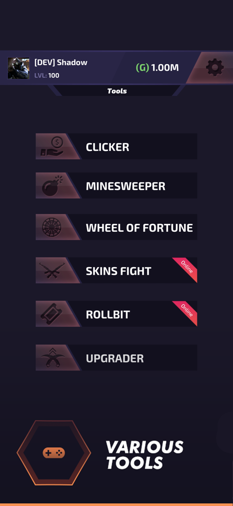 Case Battle - Skins Simulator - Case Battle app menu screen displaying mini games and tools like Clicker Minesweeper and Wheel of Fortune