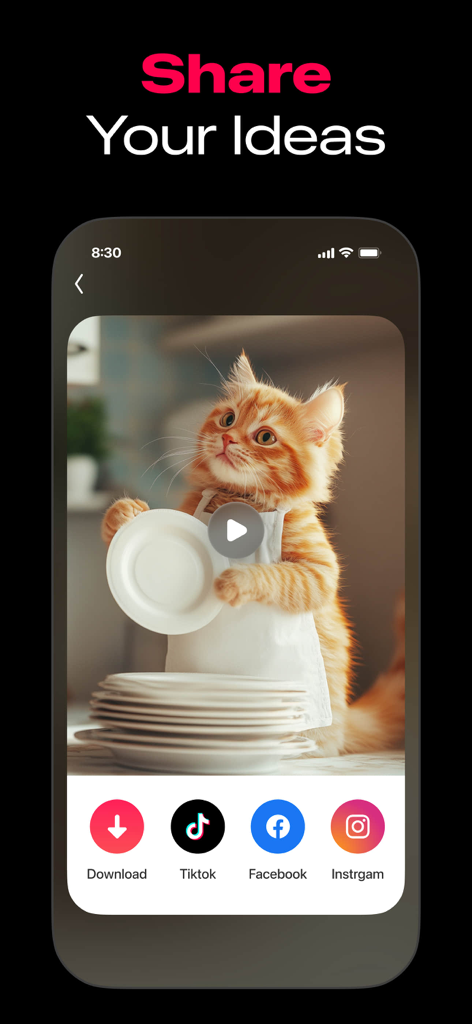 ArtReel app interface showing options to share a generated AI video of a cat to social media platforms like TikTok and Instagram