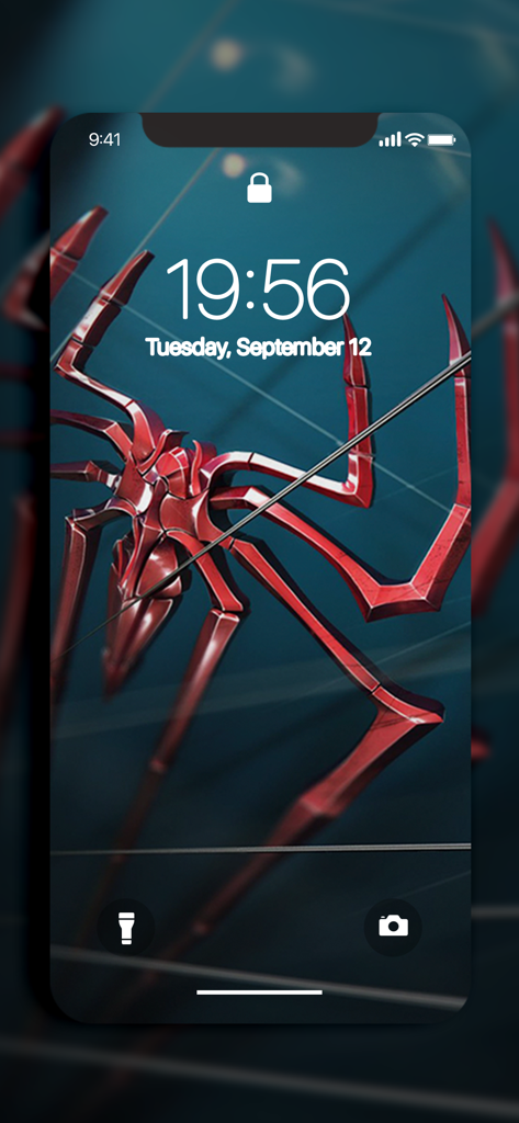 Red metallic spider emblem on an iPhone lock screen