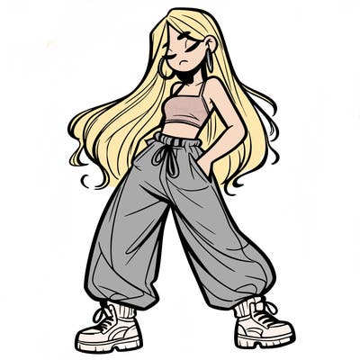 girl in baggy pants crop top and long hair