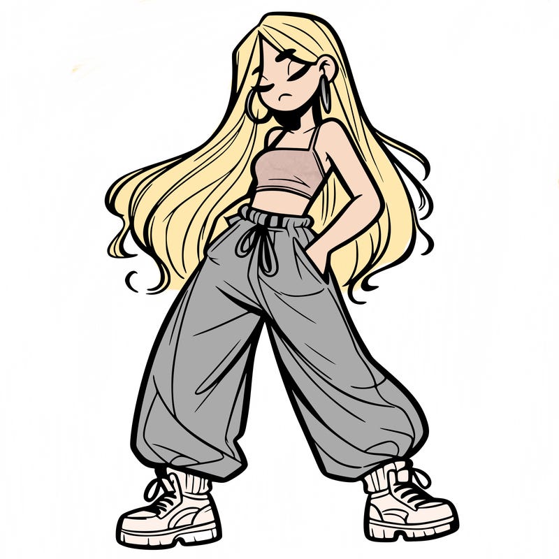 girl in baggy pants crop top and long hair