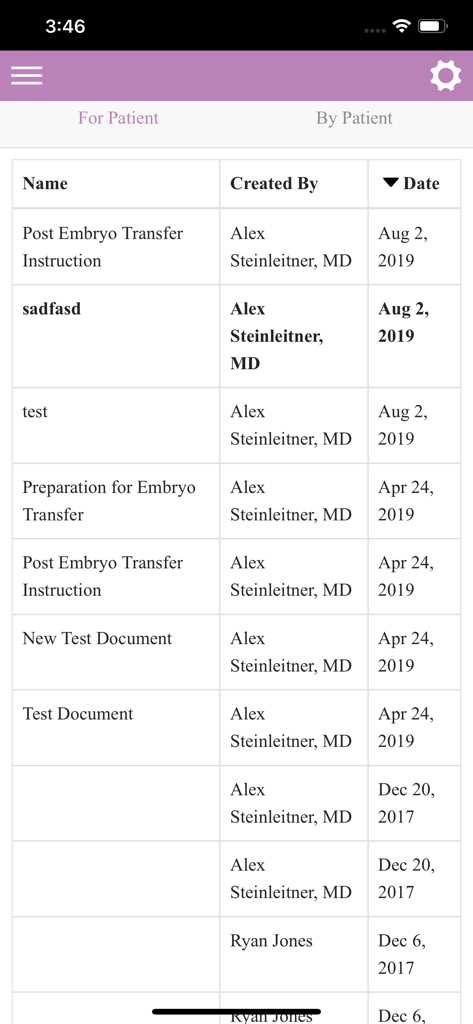 Artisan Ally - Table of patient treatment instructions and medical documents in the Artisan Ally app