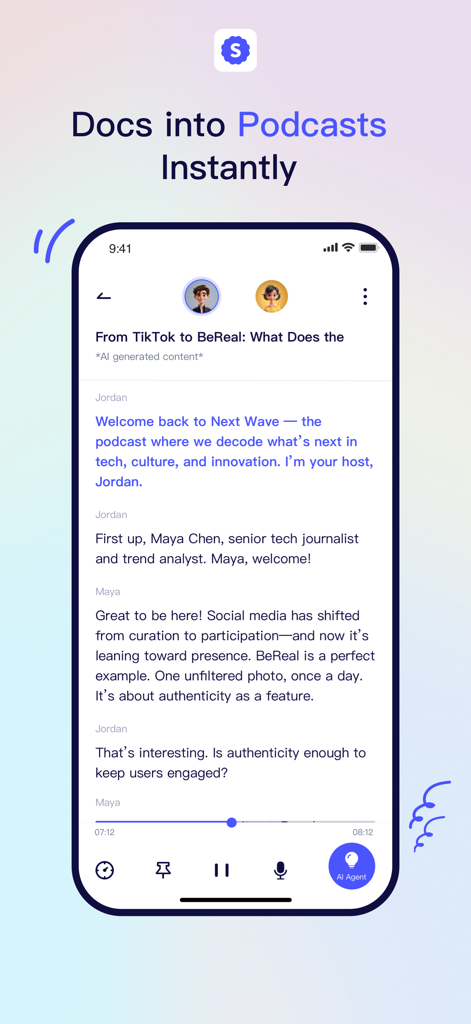 iSpeech — Hear More. Know More - Interface do aplicativo iSpeech mostrando um documento convertido em um roteiro de podcast com vozes de IA naturais