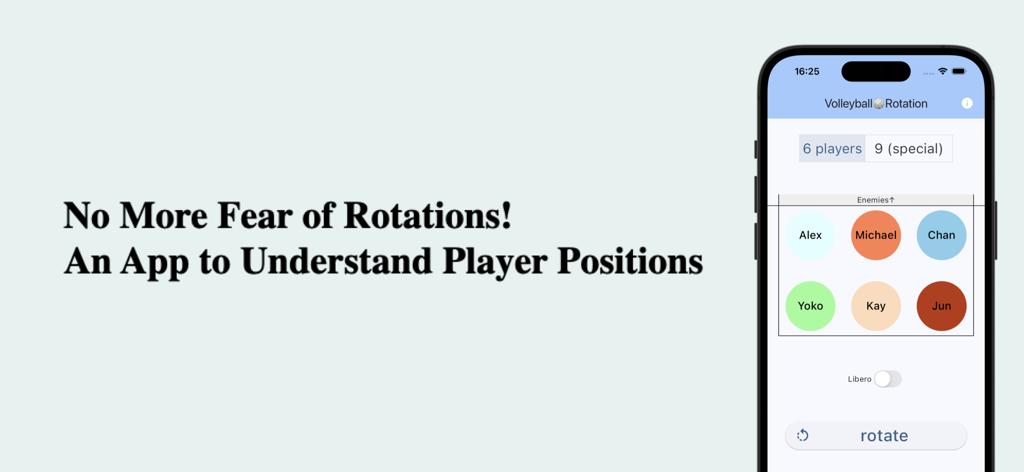 Volleyball rotation &customize - Volleyball rotation app interface showing a court with player names and positions