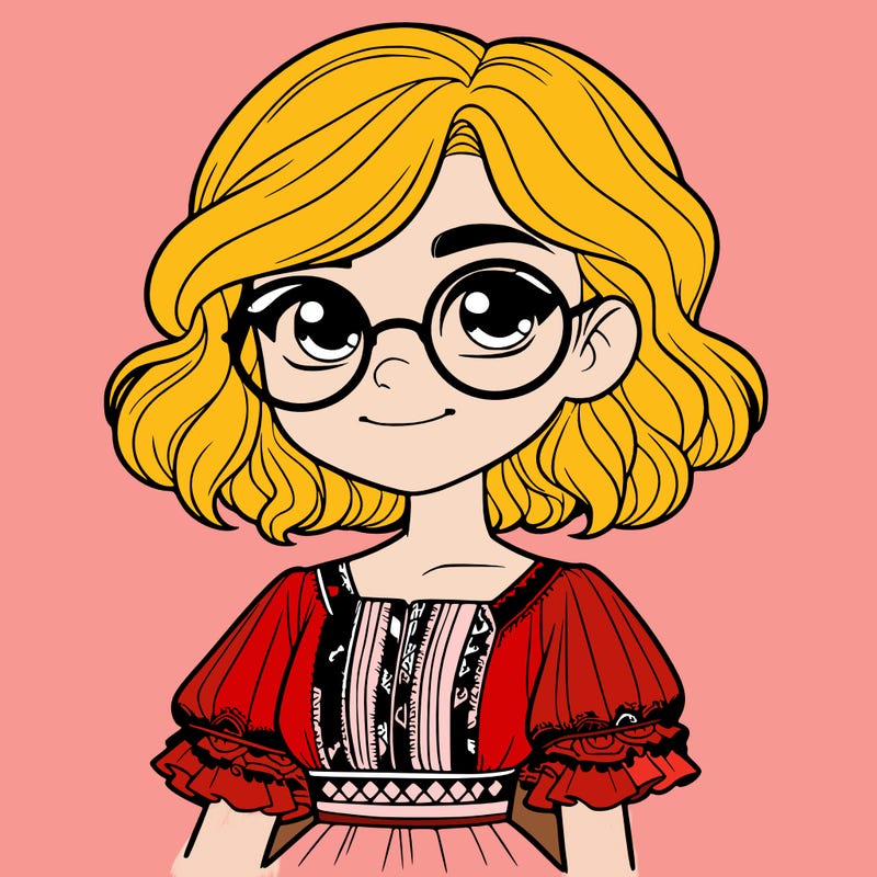 one girl with medium short hair, which are wavy. she has round glasses. she wears a latina outfit.