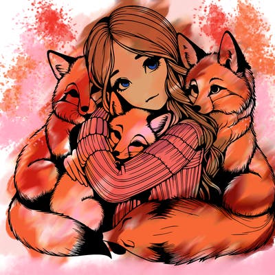 realistic, looking girl hugging, foxes