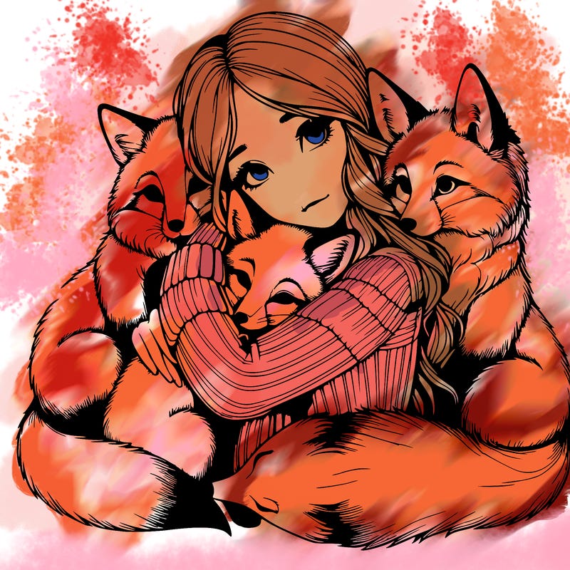 realistic, looking girl hugging, foxes