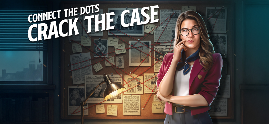 Rooms & Exits: Puzzle escape - Una detective con gafas pensando frente a un tablero de investigación con hilo rojo y el texto 'Crack the Case'.