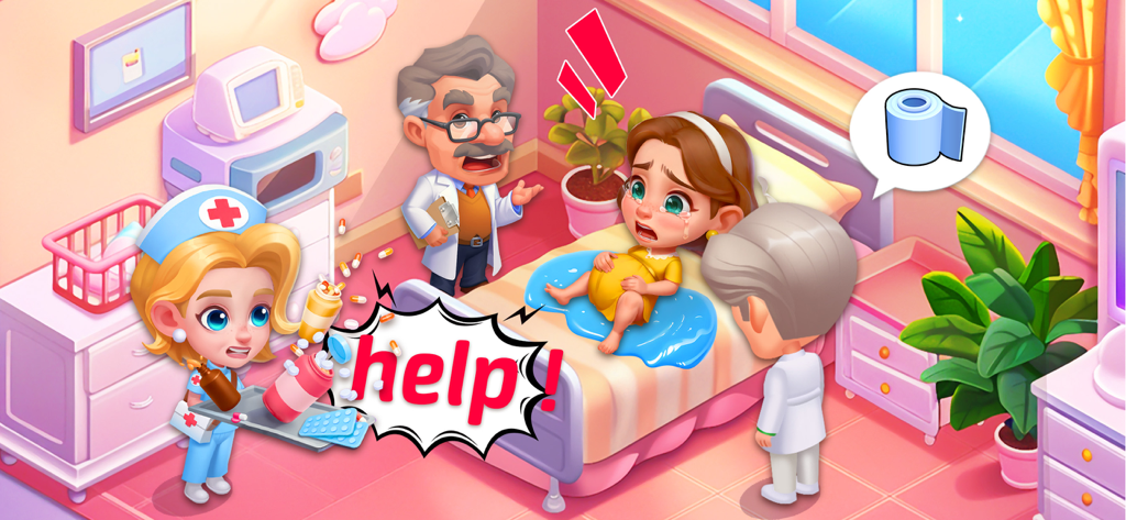 Hospital Madness: Clinic Games - Cartoon doctors and nurse tending to a pregnant patient in an emergency medical simulation game