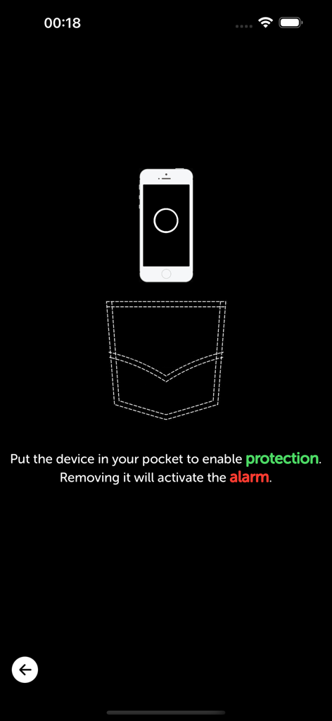 iAntiTheft - Interfaz de la aplicación iAntiTheft mostrando instrucciones para habilitar la protección de alarma del modo bolsillo.