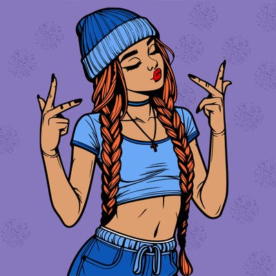 realistic teenage girl with braids and a beanie and crop top doing 🫶🏼