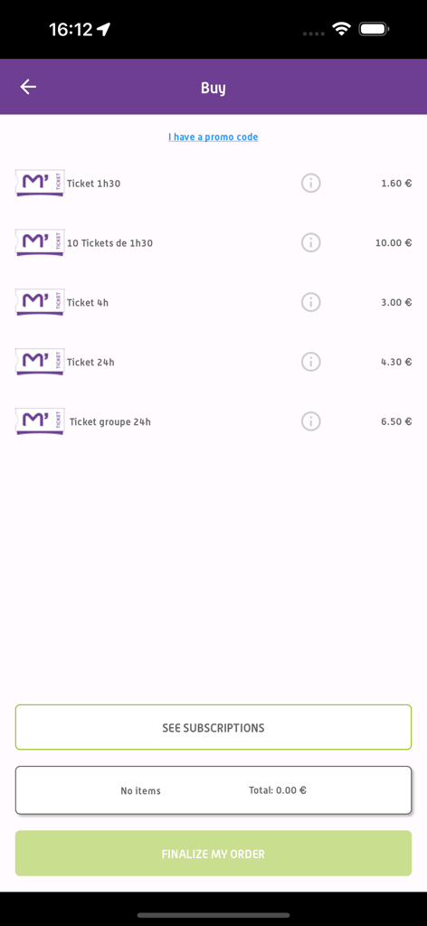 Interface de l'application M Ticket TaM montrant diverses options de tickets de transport public et leurs prix pour Montpellier