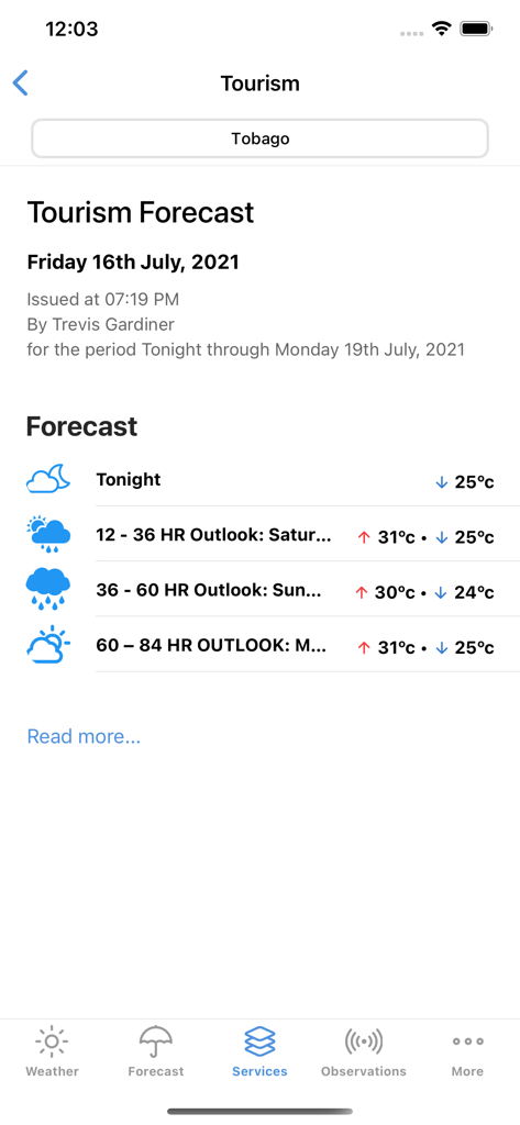 TT Met Office - Tourism weather forecast for Tobago featuring a four-day outlook with temperature and weather icons.