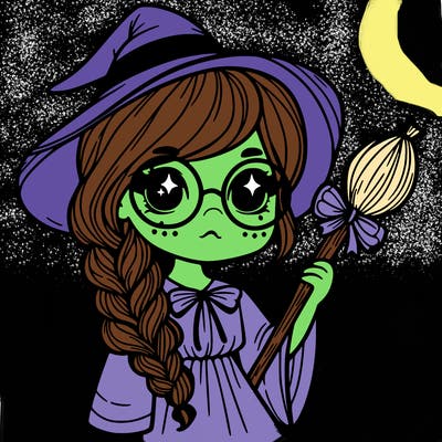 a witch with a braid and two glasses