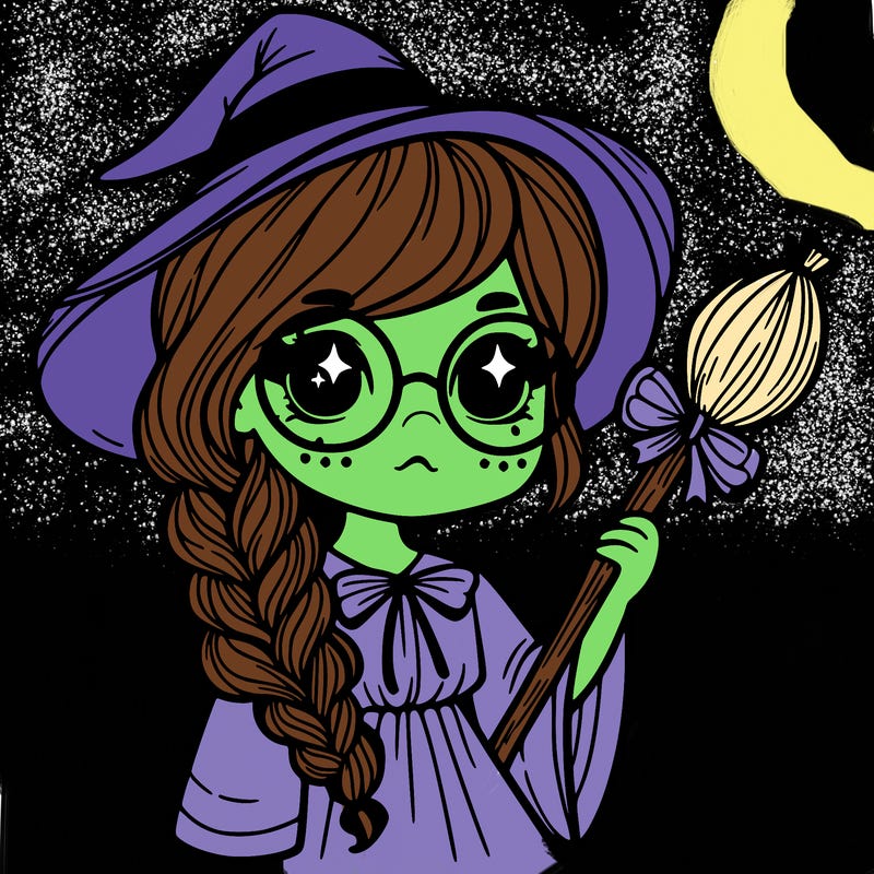 a witch with a braid and two glasses