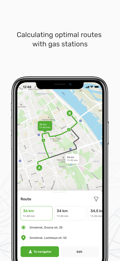 Bildschirm der mobilen E1 CARD App, der die optimale Routenplanung mit Tankstellen auf einer Karte anzeigt