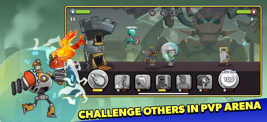 Tower Conquest mobile game screenshot showing robotic units in a 2D strategy PvP arena battle.