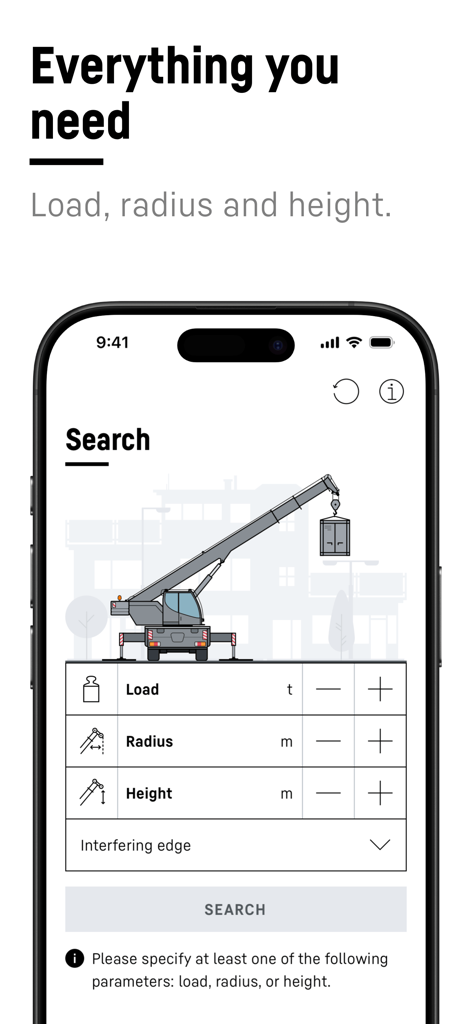 The search interface of the Liebherr Crane Finder app showing input fields for load radius and height parameters.