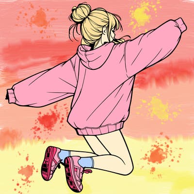 realistic girl jumping with a bun and oversized sweatshirt