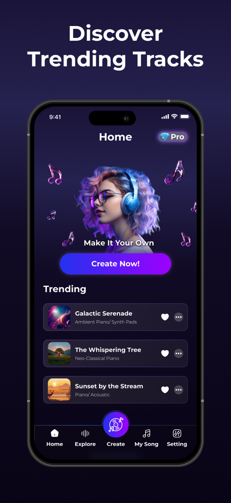 AI Songs: Track Generator - Pantalla de inicio de la aplicación AI Songs mostrando pistas populares y un botón de creación