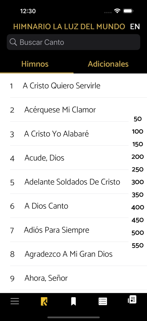 Searchable list of hymns in the Himnario LLDM application