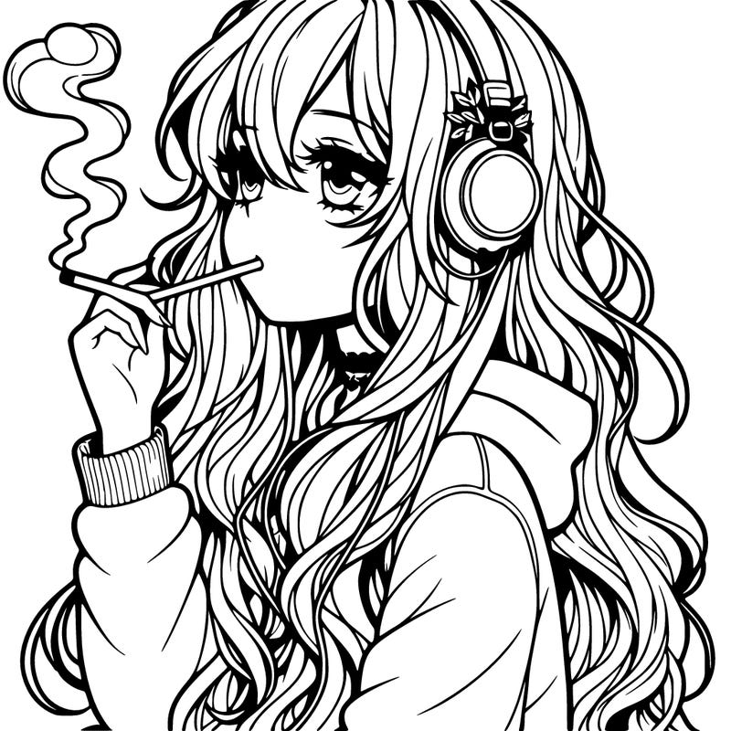 long wavy hair anime girl with headphones smoking