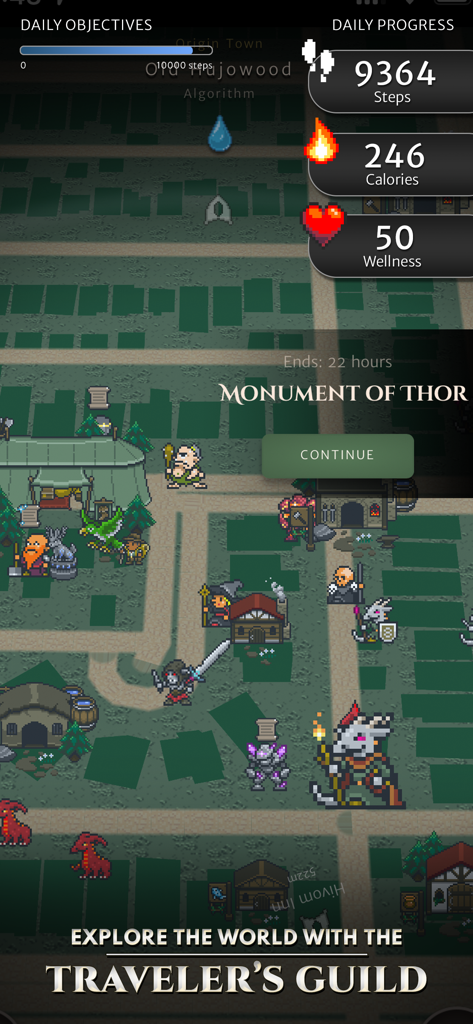 Orna: A Fantasy RPG & MMO game - Eine Draufsicht auf die 8-Bit-Pixelart-Weltkarte von Orna mit täglichen Fortschrittsstatistiken für Schritte und Kalorien.