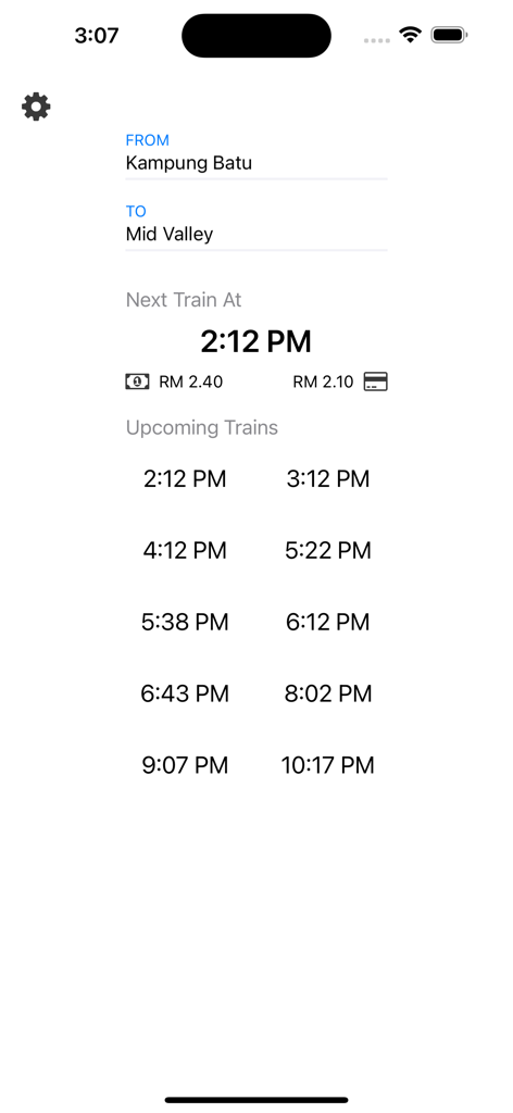 KTM Komuter app interface displaying train departure times and ticket fares for Malaysian rail travel