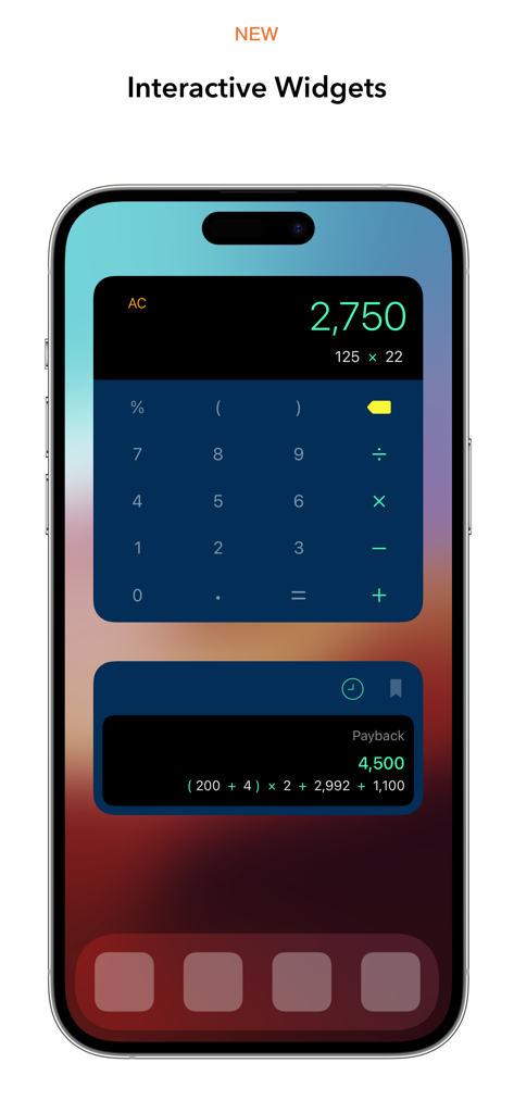 Calzy app interactive calculator widgets on an iPhone home screen
