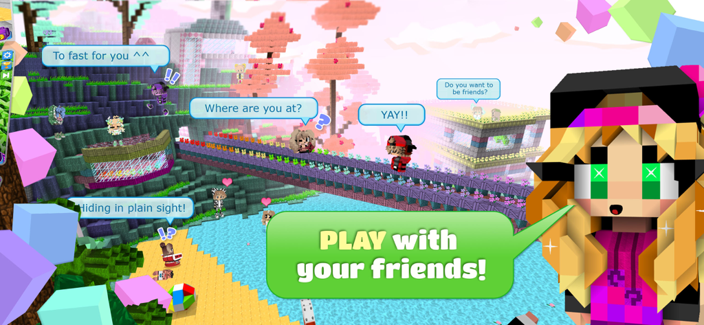 Blocky characters chatting and playing together in a colorful voxel world with a call to action to play with friends.