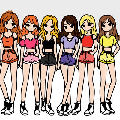 a group of girls wearing crop tops and shorts