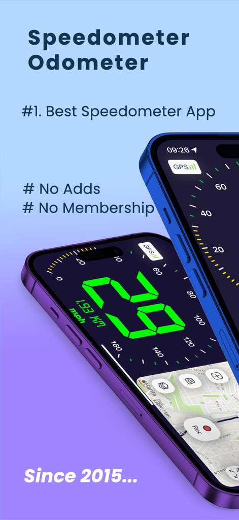 Odometer Miles Log Miter Track - GPS speedometer and odometer app interface with large green digits and map view