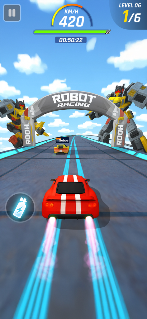 Car Racing 3D: Race Master - Um carro esportivo vermelho acelerando por uma pista de corrida temática de robôs no céu com efeitos de nitro.