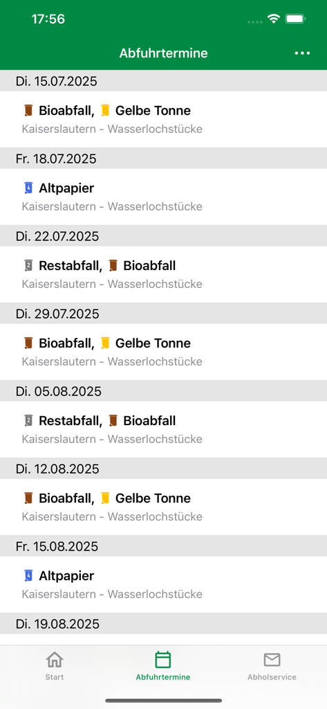 Mobiler Bildschirm mit Abfuhrterminen für Bioabfall, Papier und Restmüll in Kaiserslautern