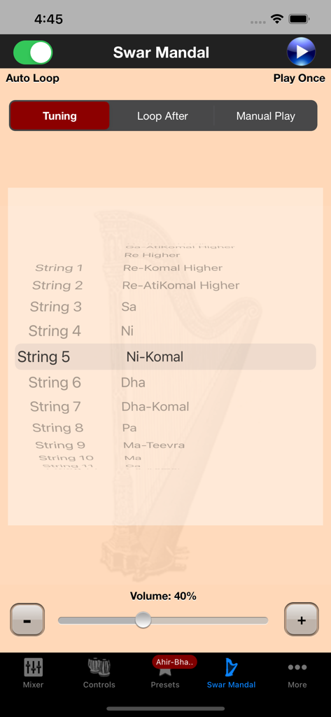iTablaPro - Swar Mandal tuning interface in the iTablaPro app showing string and note assignments for Indian classical music