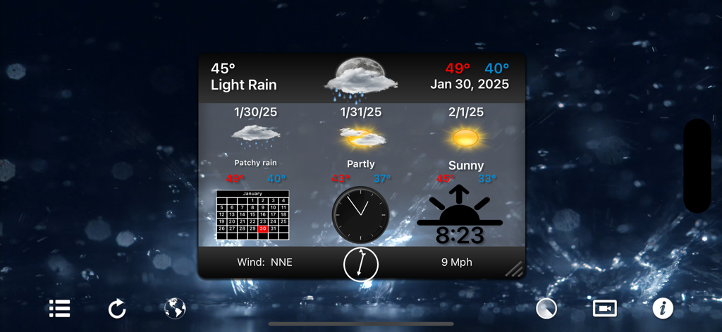 Motion Weather 4K - Ultra HD - Motion Weather 4K app screen with rainy video background and detailed forecast widget