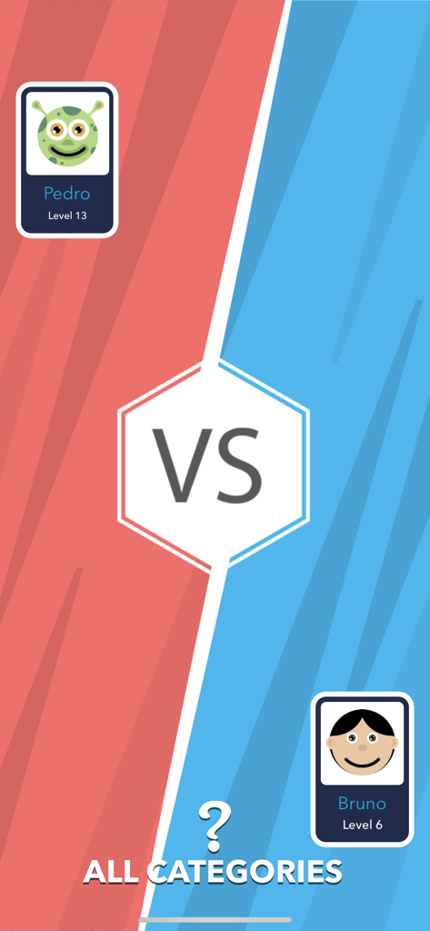 Pantalla de partida multijugador que muestra al jugador Pedro nivel 13 contra el jugador Bruno nivel 6 en la aplicación Trivial Multiplayer Quiz.