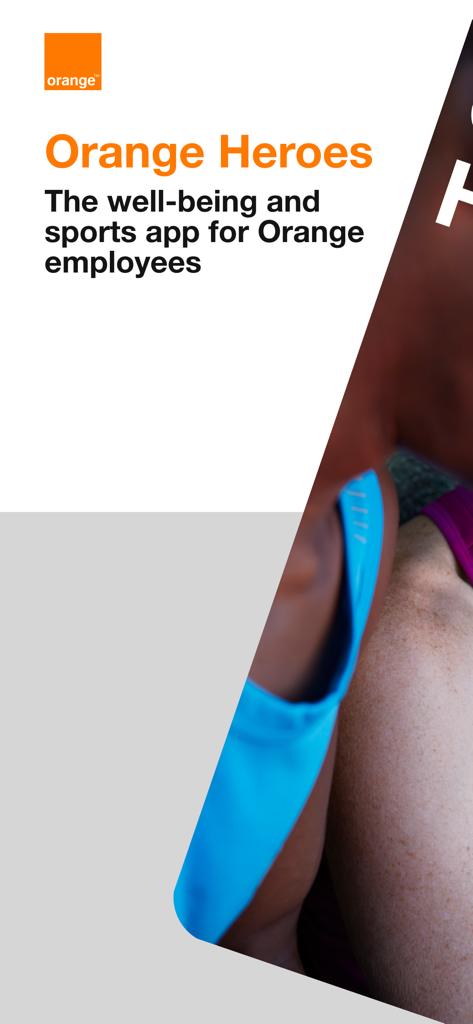 Pantalla de introducción de la aplicación Orange Heroes que muestra la aplicación de bienestar y deportes para empleados