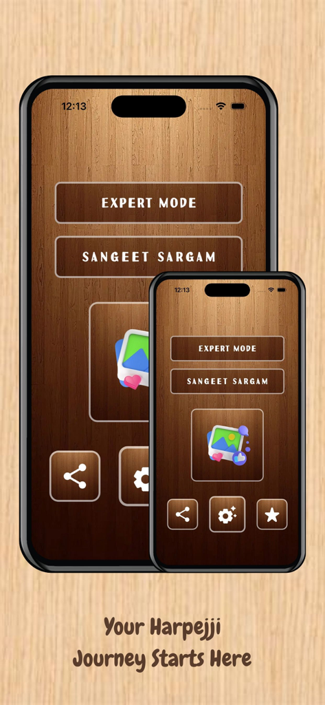 Harpejii Instrument - Pantalla de inicio de la aplicación Harpejji Instrument con botones de Modo Experto y Sangeet Sargam sobre un fondo de textura de madera.