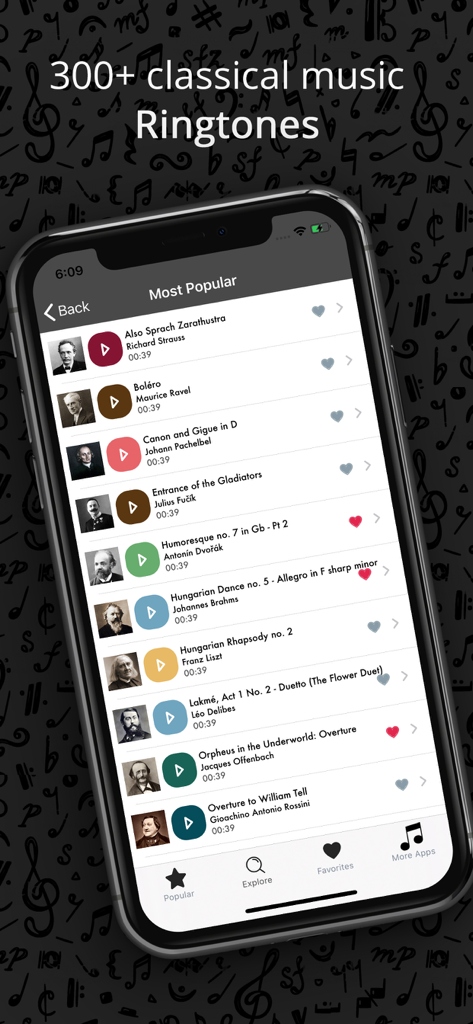 Classical Music Song Ringtones - モバイルアプリケーションインターフェイス上の人気のあるクラシック音楽着メロのリスト