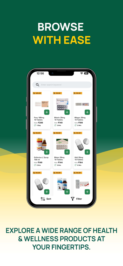 Navegando por produtos de saúde e bem-estar no aplicativo de farmácia Wellness Forever com informações de preço e entrega.