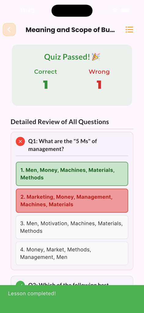 Learn Business Management - Screenshot of the Learn Business Management app showing quiz results and a question review section.