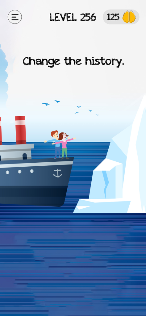 Braindom: Brain Games Test Out - Nivel de juego de puzzle móvil que muestra un barco dirigiéndose hacia un iceberg con el texto Cambia la historia.