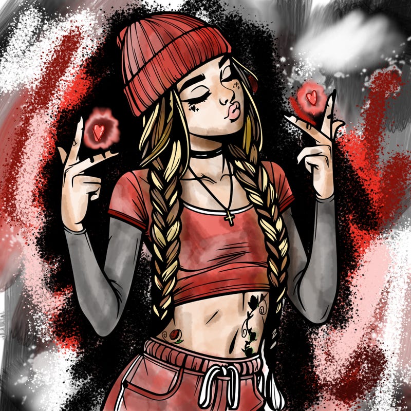 realistic teenage girl with braids and a beanie and crop top doing 🫶🏼